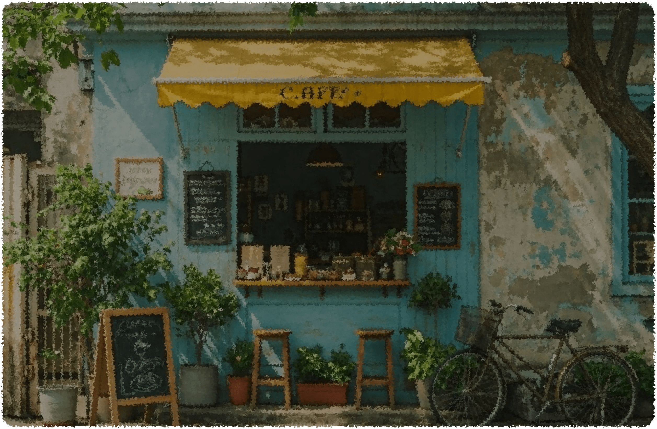 A cafe storefront with a yellow awning, potted plants, and bicycles parked outside
